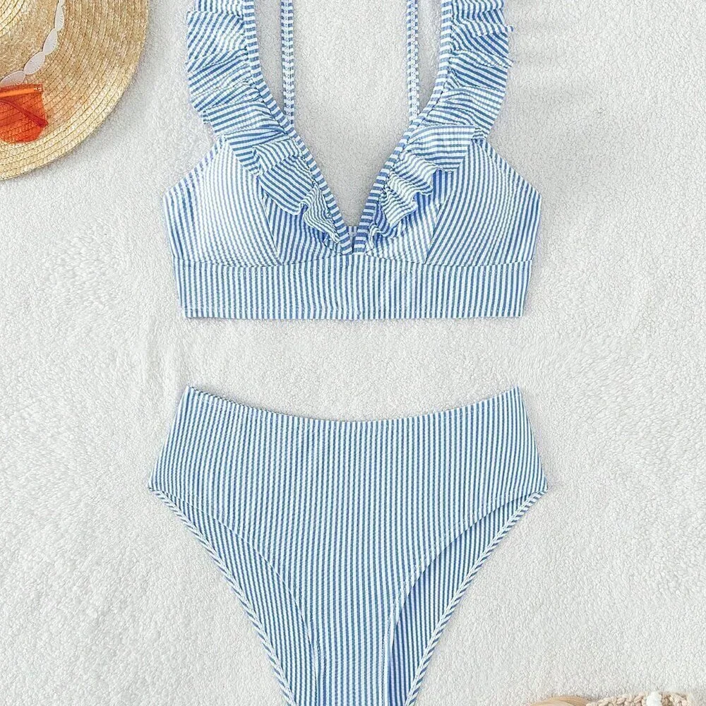 Blue and White Boho Womens Swim Summer Beach Striped Ruffle Trim Bikini Swimsuit